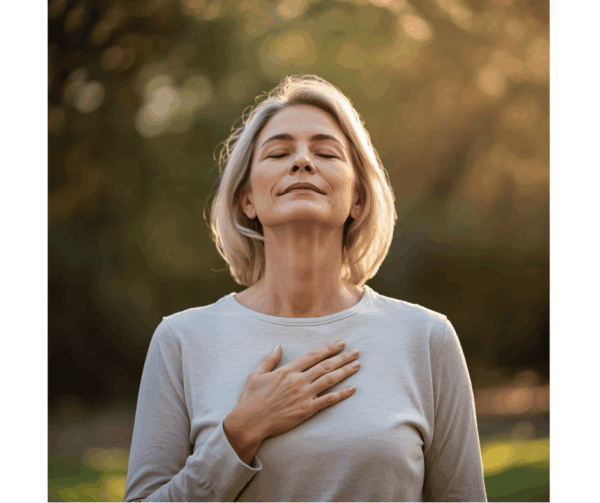 Woman practising calm breathing outdoors to manage anxiety naturally
